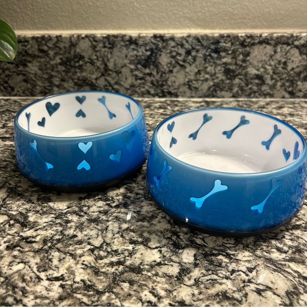 Blue Heart and Bone Pet Bowls